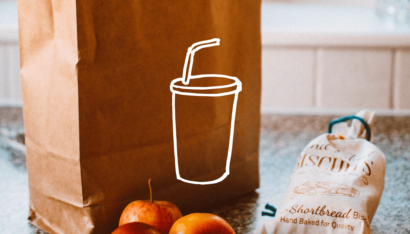 photo of a paper bag, a fabric bag and some fruit.